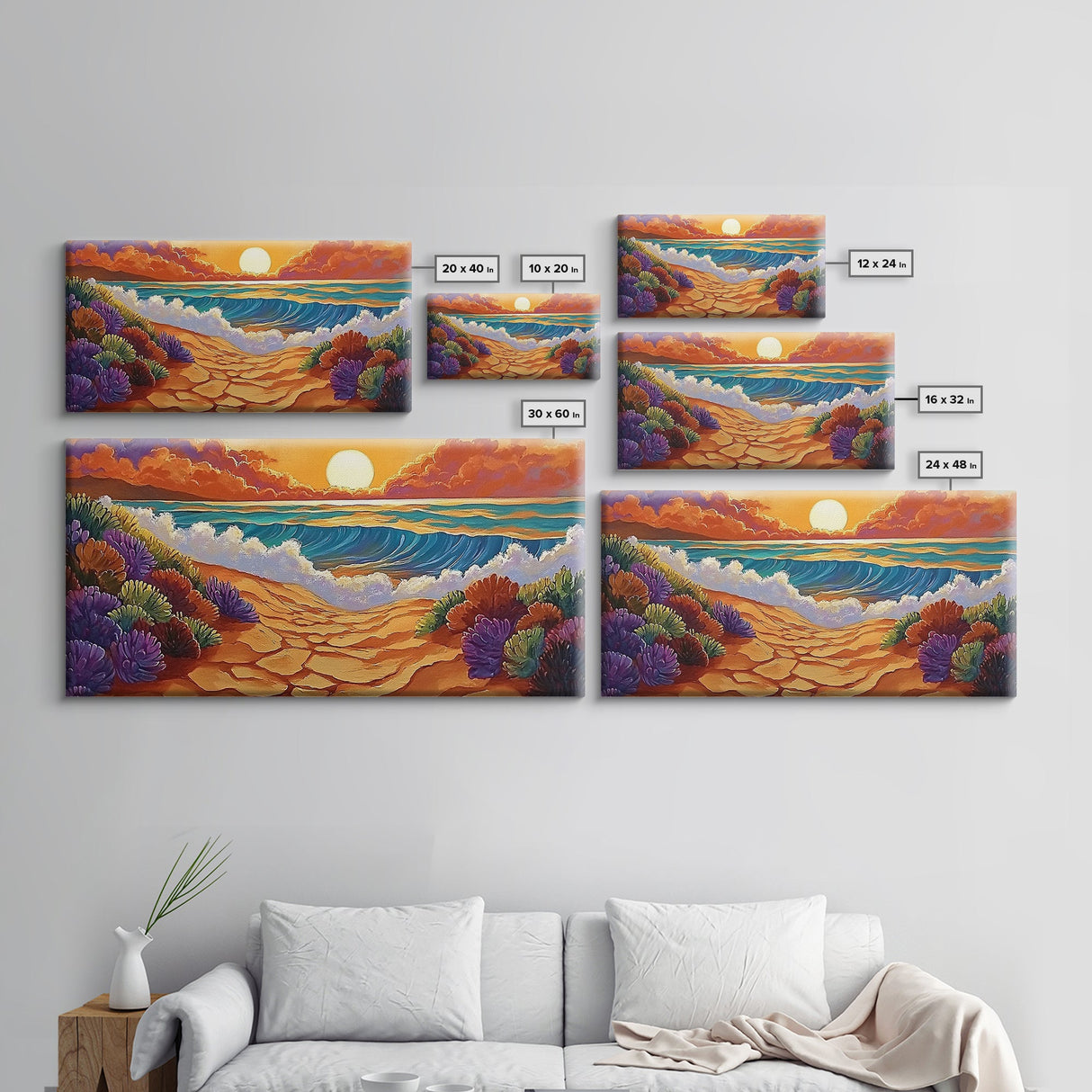 Beach Ocean, Sunrise, Coastal Path, Framed Canvas Print, Vibrant Seaside Art, Bathroom Wall Decor, Nature Landscape, Colorful Waves