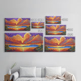 Boat Lake, Dramatic Sky, Sunset Clouds, Framed Canvas Print, Fall Landscape Art, Office Wall Decor, Vibrant Nature Scene, Moody Colors