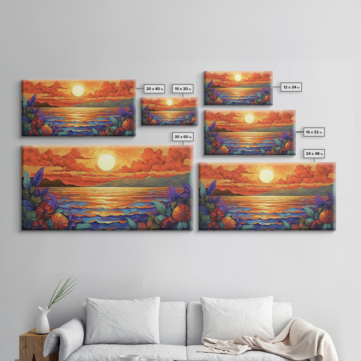 Flowers Sunset, Ocean View, Coastal Bloom, Framed Canvas Print, Vibrant Nature Art, Kitchen Wall Decor, Beach Garden Scene, Bold Colors
