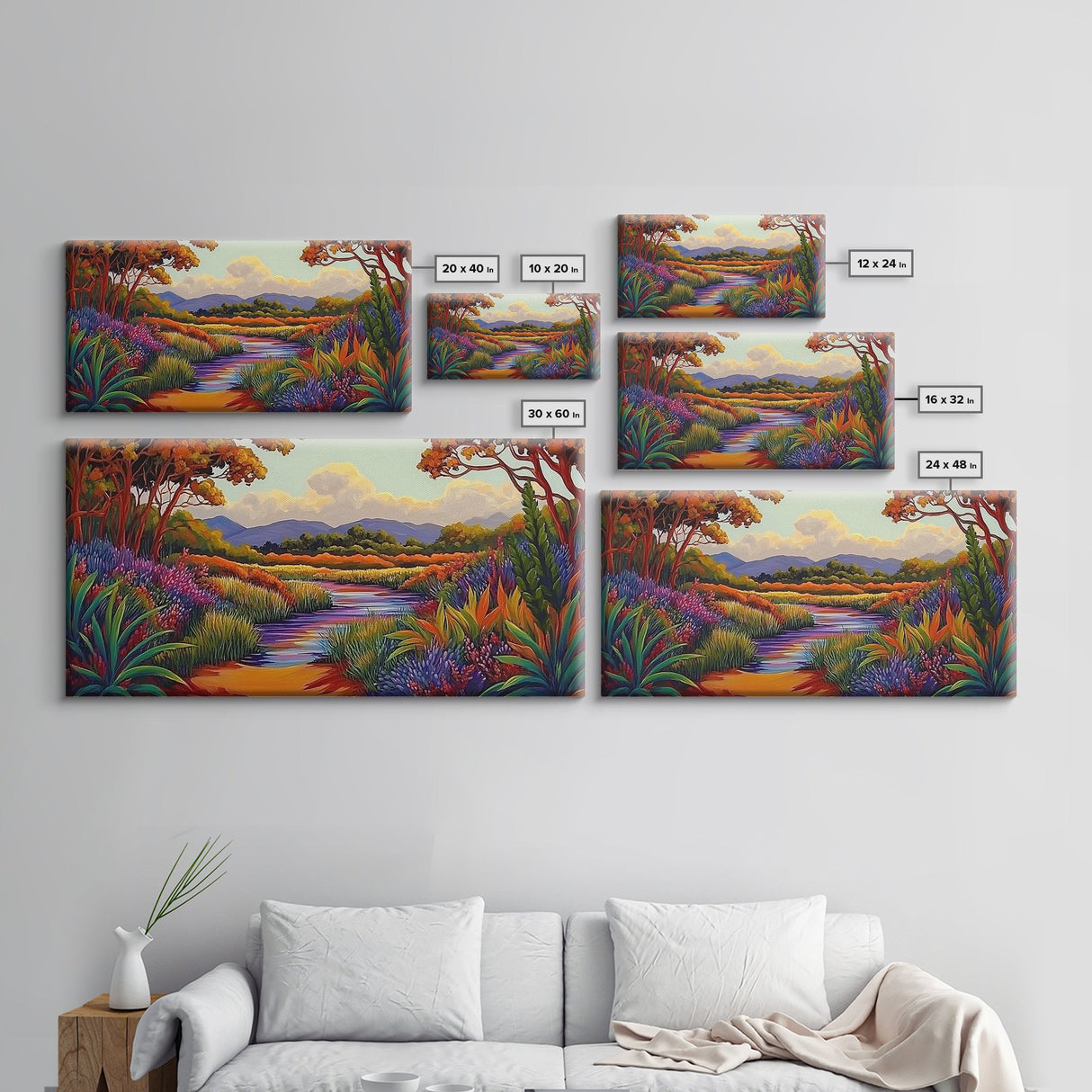 River Wildflowers, Autumn Trees, Mountain View, Framed Canvas Print, Fall Nature Art, Kitchen Wall Decor, Boho Landscape Painting