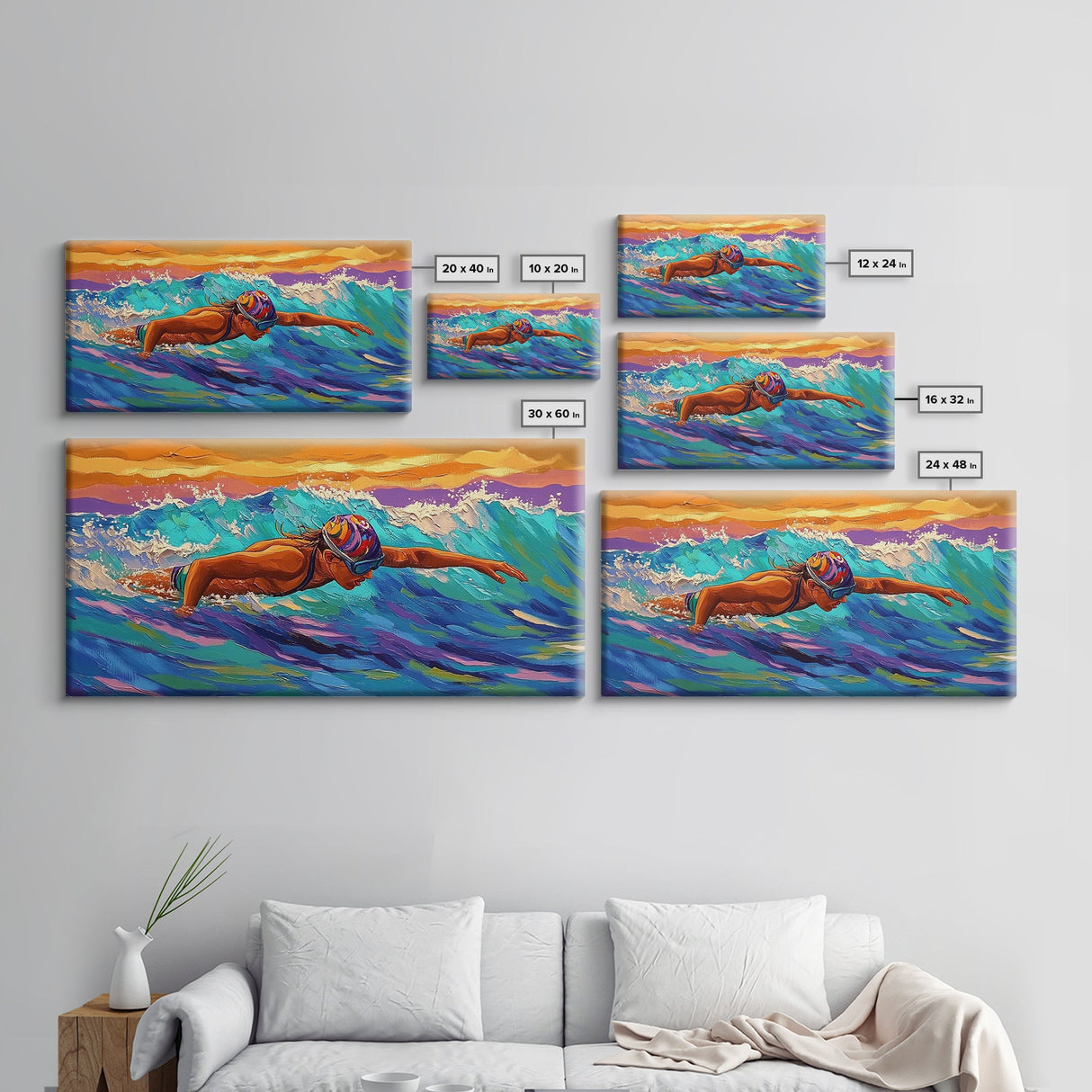 Swimmer Waves, Sunset, Athletic Art, Framed Canvas Print, Ocean Decor, Fitness Wall Art, Bedroom Inspiration, Bold Summer Style