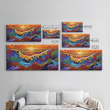 Ocean Abstract, Waves, Sunset, Framed Canvas Print, Surreal Coastal Art, Living Room Wall Decor, Fantasy Seascape, Boho Expressionist