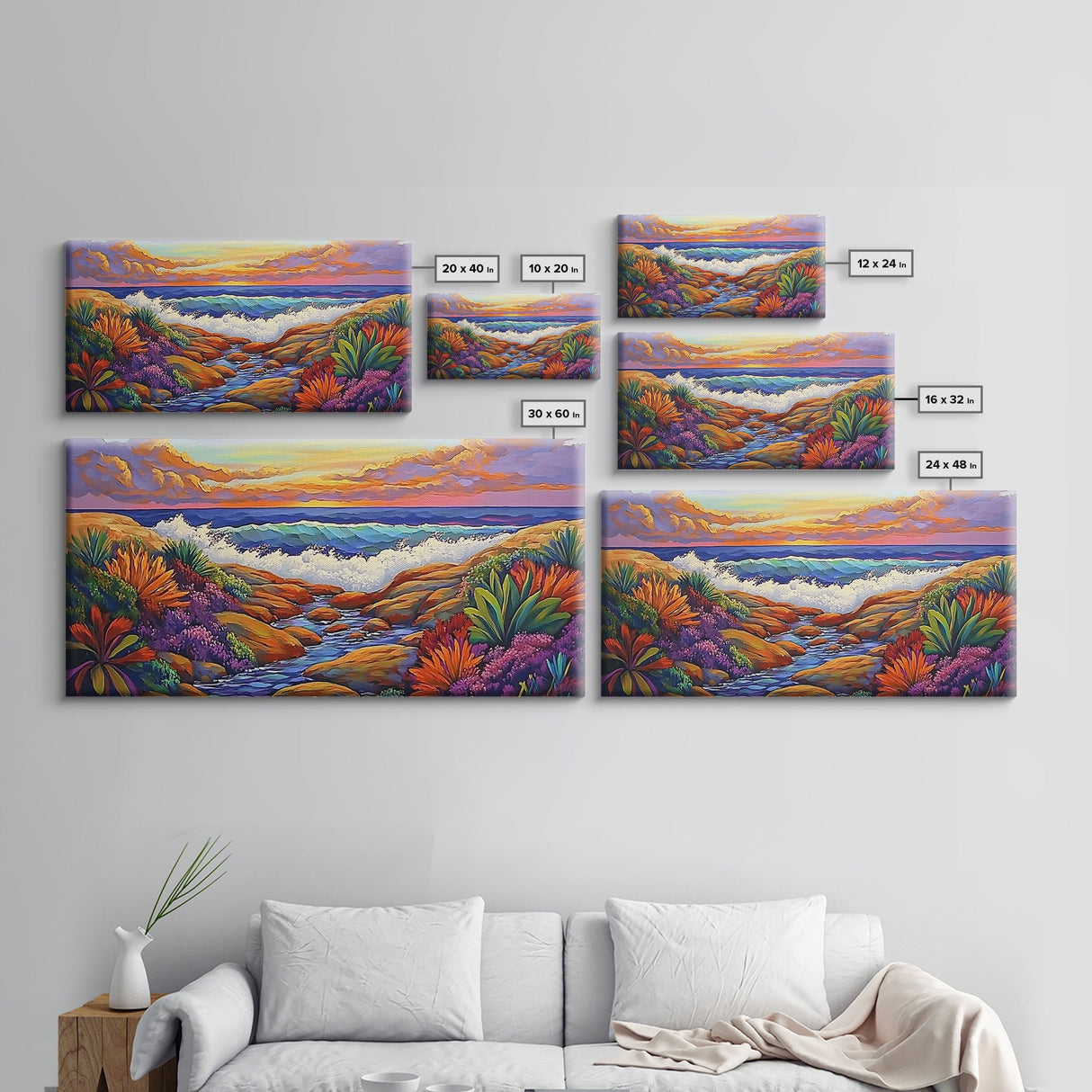 Sunset Ocean, Garden, View, Framed Canvas Print, coastal sunset wall art, tropical flowers, beach décor, boho landscape, living room