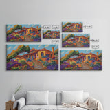 Villa Garden, Adobe, Colorful, Framed Canvas Print, vibrant Mexican villa wall art, blooming flowers, southwestern kitchen décor