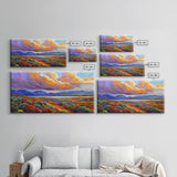 Autumn Mountains, Path, Landscape, Framed Canvas Print, serene autumn mountain scene with vibrant clouds, colorful field trail art
