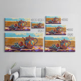 Teapot Patio, Desert, Ceramic, Framed Canvas Print, bold desert teapot art, colorful Mexican pottery, sunny outdoor patio wall art