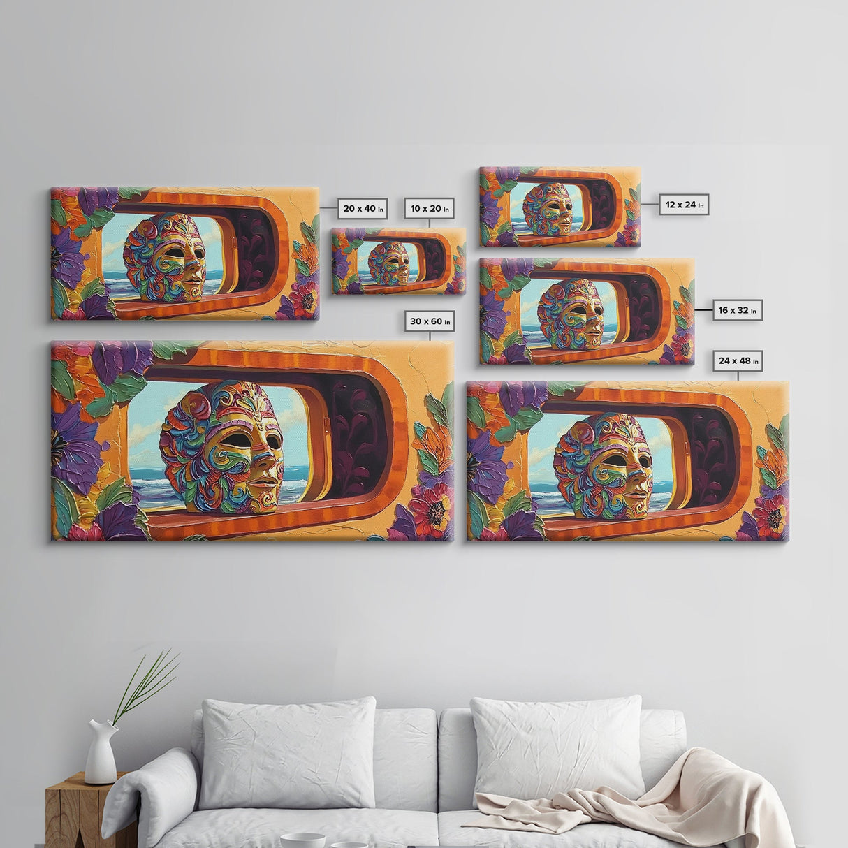 Mask, Window, Flowers, Coastal, Vibrant mask ocean view, Framed Canvas Print, Fiesta Art, Colorful Mexican Decor, Dining Room Wall Art