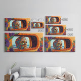 Mask, Window, Flowers, Coastal, Vibrant mask ocean view, Framed Canvas Print, Fiesta Art, Colorful Mexican Decor, Dining Room Wall Art