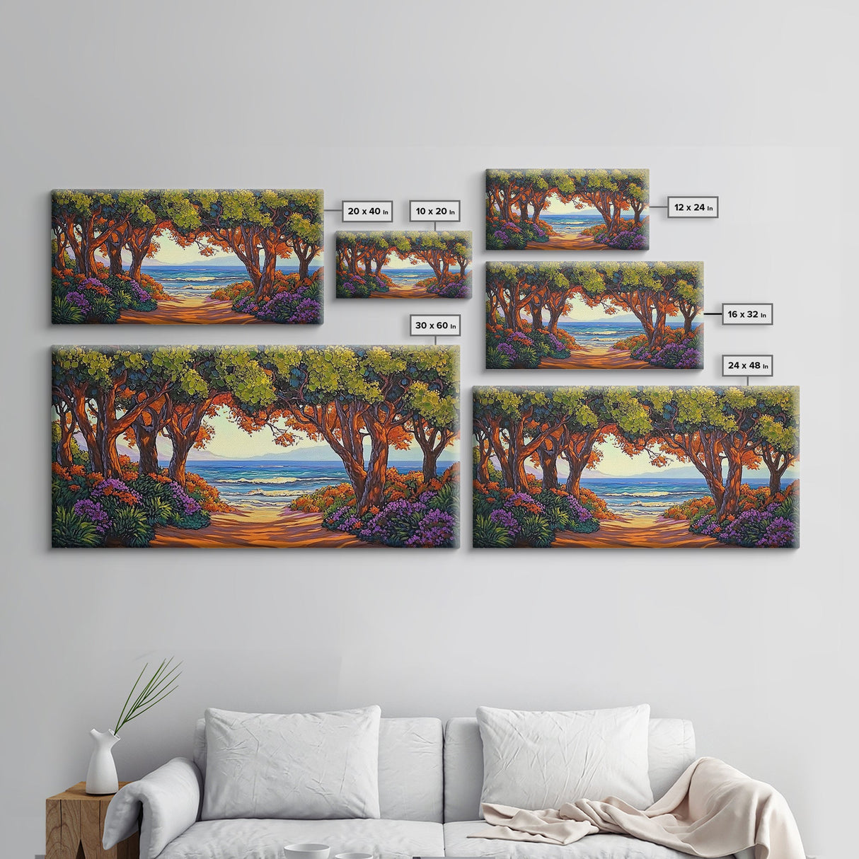 Beach Trees, Tunnel, Ocean, Sunset beach tunnel view, Framed Canvas Print, Coastal Boho Decor, Romantic Seaside Wall Art