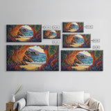 Cave, Beach, Jungle, Ocean, Canvas Print, Coastal jungle scene, tropical beach view, living room or entryway boho wall decor