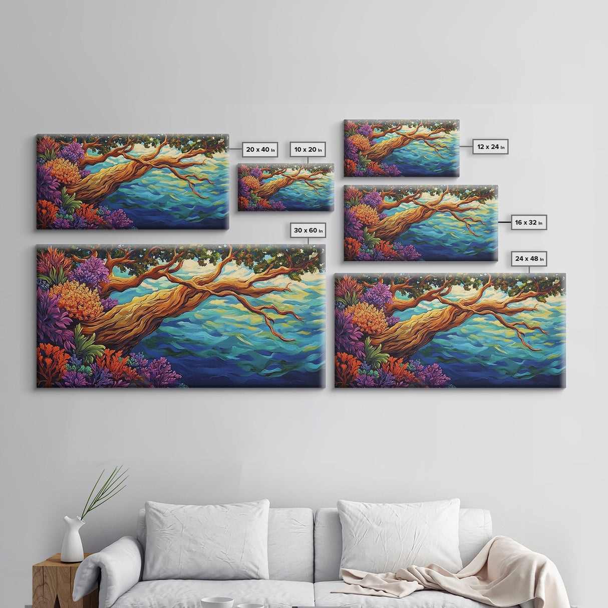Tree, Ocean, Cliffside, Wildflowers, Framed Canvas Print, Vibrant ocean view, coastal tree decor, autumn style living room wall art