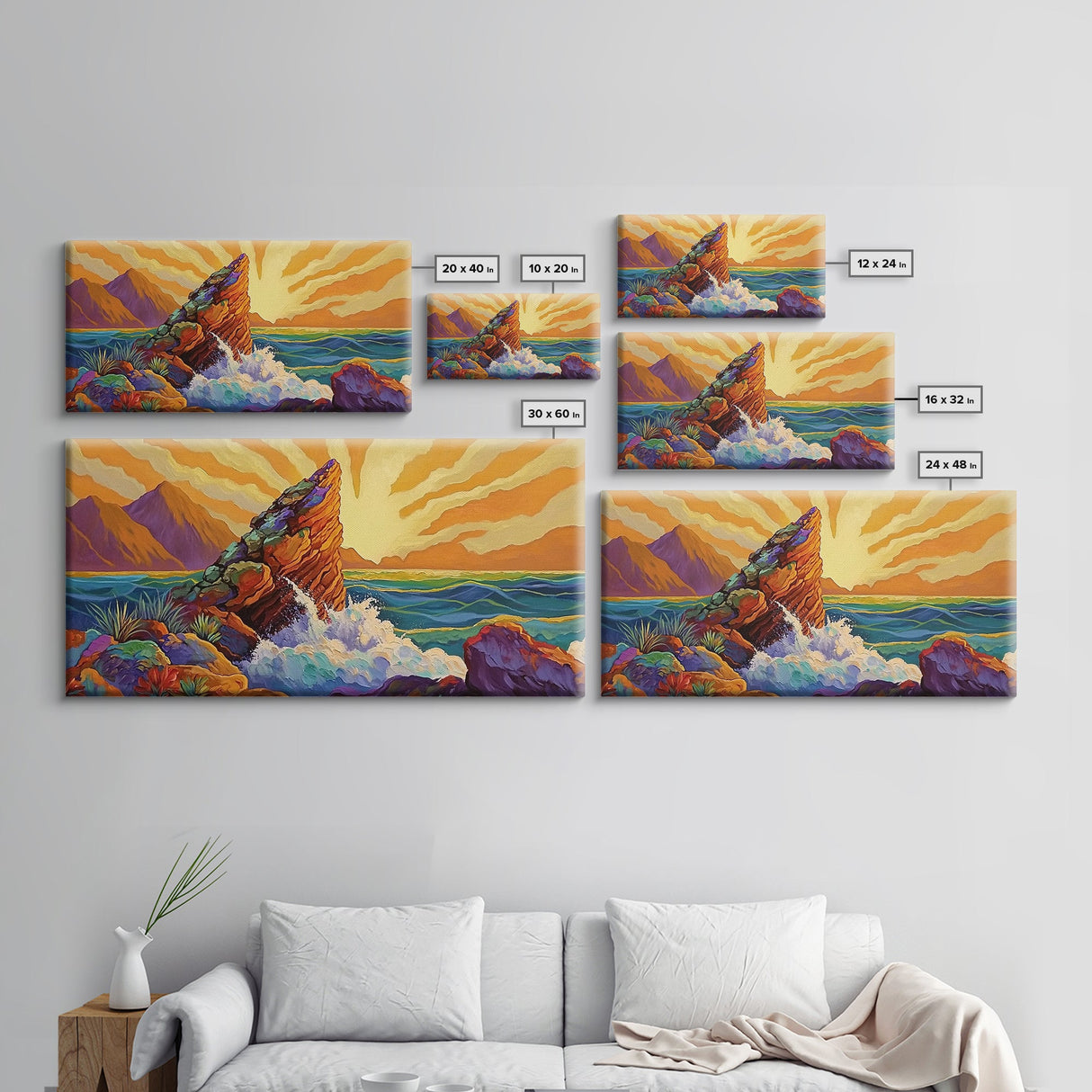 Sunrise, Waves, Rocks, Ocean, Canvas Print, Sunrise coastal print, ocean splash wall art, spiritual sunburst decor, beach home accent