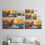 Sunrise, Waves, Rocks, Ocean, Canvas Print, Sunrise coastal print, ocean splash wall art, spiritual sunburst decor, beach home accent