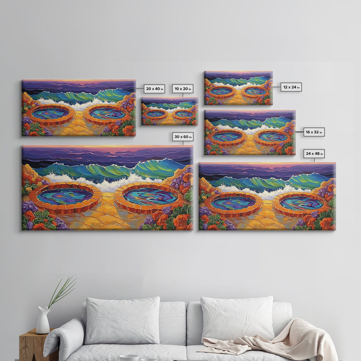 Hot Tubs, Ocean, Sunset, Waves, Framed Canvas Print, Seaside spa art, whimsical coastal print, boho beach bathroom art, spa decor