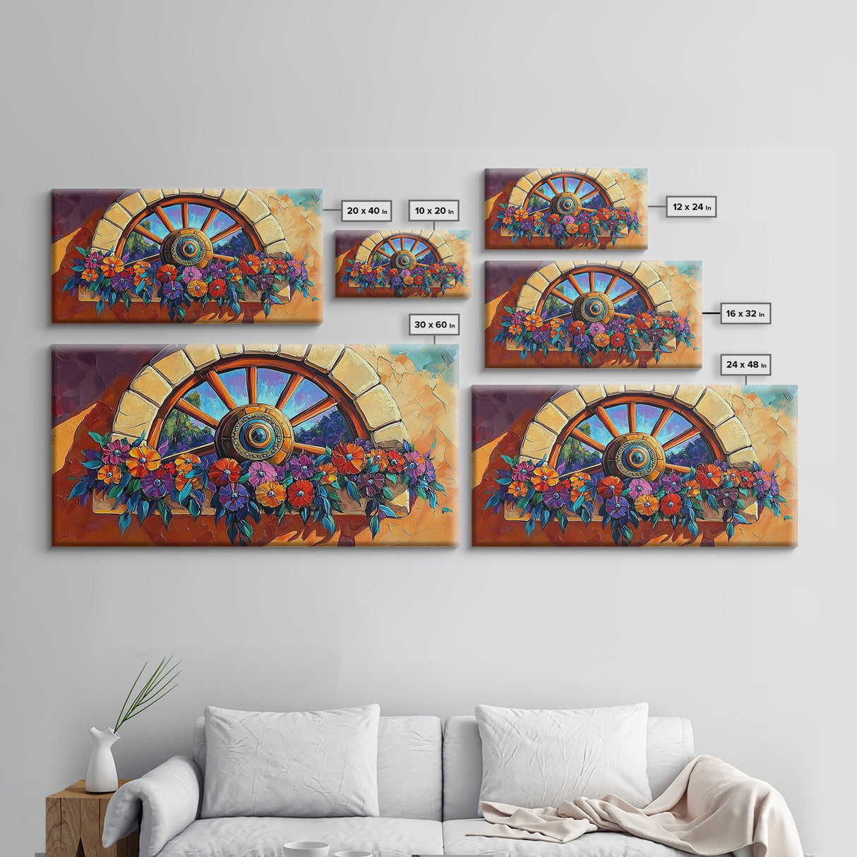Rustic Floral, Window, Art, Framed Canvas, Print Mexican flower wagon wheel wall art, vibrant southwestern decor, boho patio print