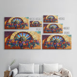 Rustic Floral, Window, Art, Framed Canvas, Print Mexican flower wagon wheel wall art, vibrant southwestern decor, boho patio print