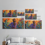 Cowgirl Desert, Vibes, Art, Framed Canvas Print, Western woman cactus wall art, rustic country home decor, southwestern living room