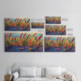 Autumn Lakeside, Grasses, Art, Framed Canvas Print, Fall coastal reed painting, rustic harvest decor, nature print, living room wall