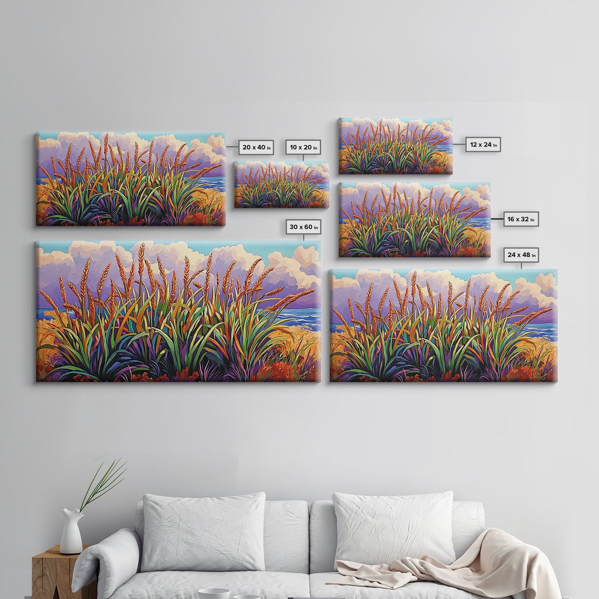 Wheat Grasses, Coastal, Sunrise, Canvas Print rustic boho kitchen wall art, country field beach decor, nature inspired autumn artwork