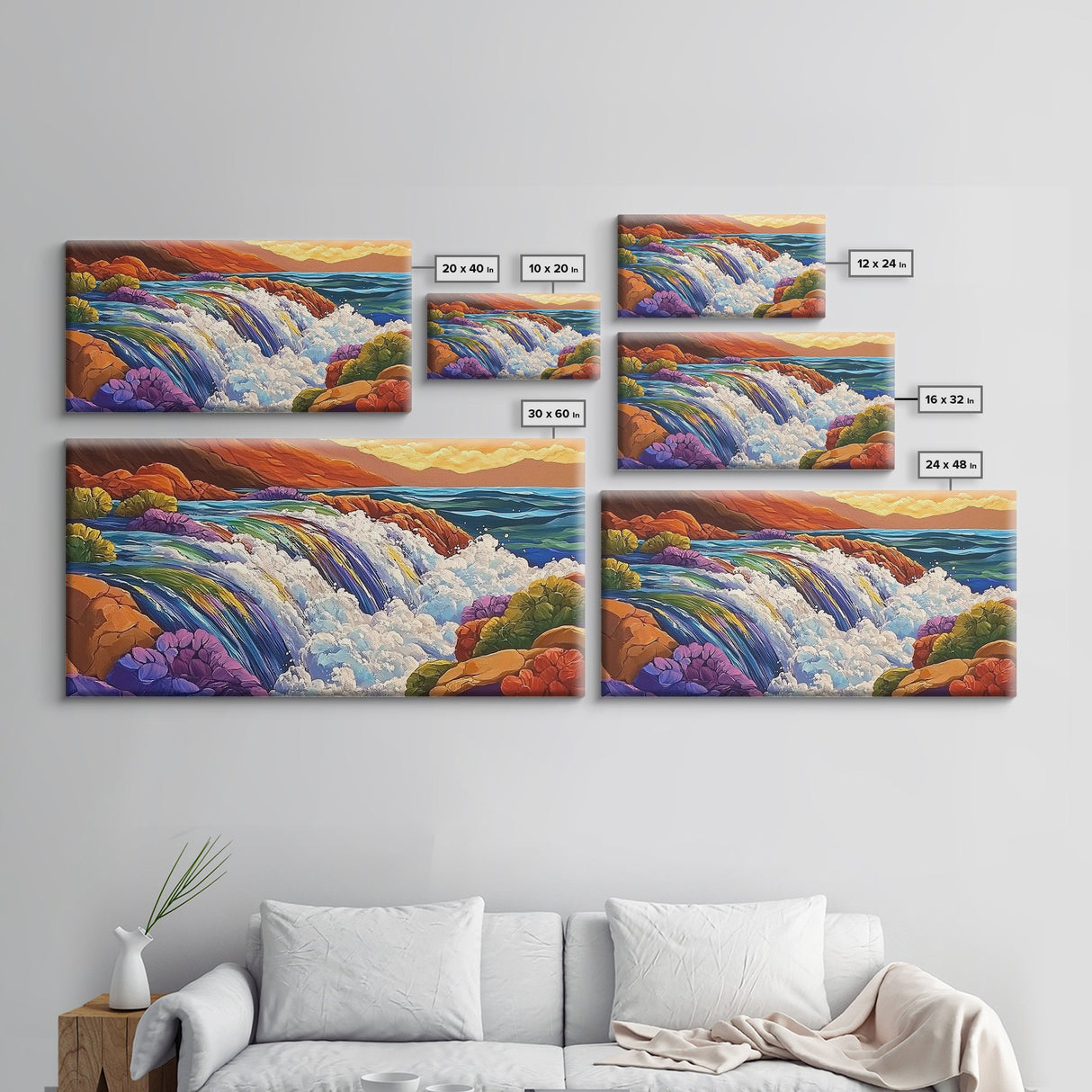 Waterfall Rainbow, Canyon, Bold, Framed Canvas Print vibrant nature bathroom decor, boho rainbow mountain wall art, fantasy print