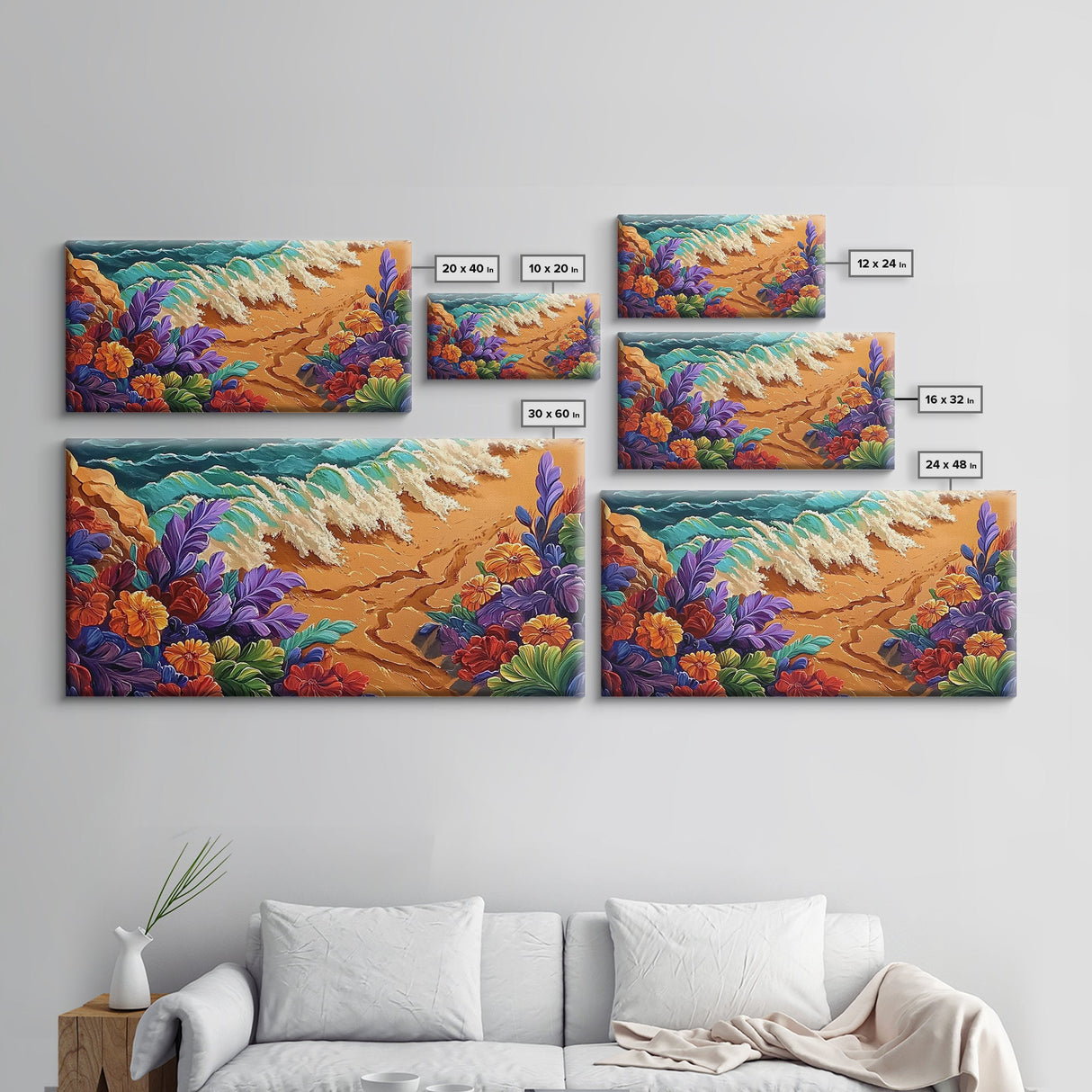 Tropical, Flower, Wave Art, Framed Canvas Print, coastal floral seascape painting, vibrant Summer Decor, Bathroom Wall Art, boho art