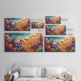 Tropical, Flower, Wave Art, Framed Canvas Print, coastal floral seascape painting, vibrant Summer Decor, Bathroom Wall Art, boho art