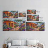 Villa, Palm Trees, Pathway, Lush Garden, warm tropical Canvas Print, boho patio decor, summer bungalow living room wall art