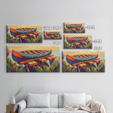 Canoe Dock, Ocean, Bold Palette, vibrant tropical Canvas Print, nautical boho art, playful beach house wall decor, summer vibes