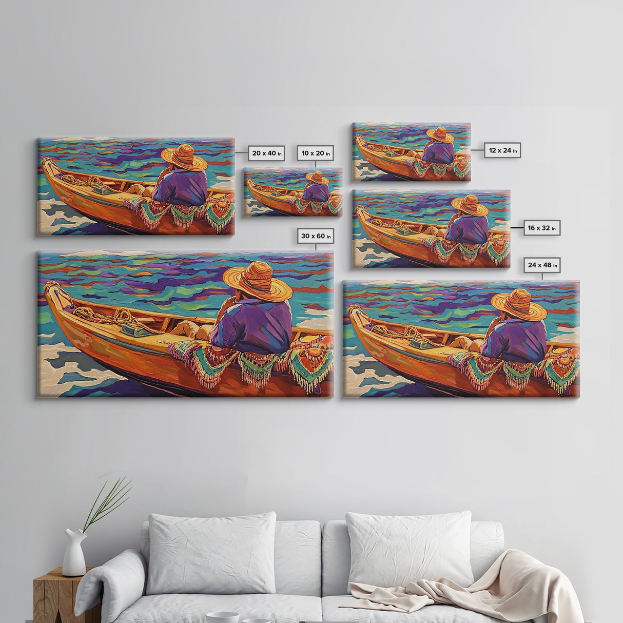 Boat Fisherman, Serene, Waters, Canvas Print colorful coastal life art Office Wall Art tropical ocean boho decor relaxed living