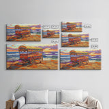 Sunset Beach, Wagon, Vibes, Coastal boho decor, colorful ocean art, Canvas Print, beach house wall art, living room sunset painting