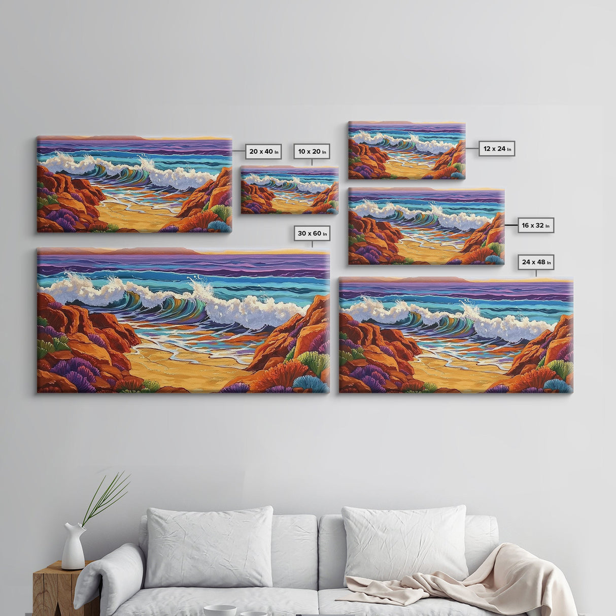 Surf Shoreline, Rocks, Sunset, Vibrant coastal Canvas Print, wave crashing beach art, living room ocean scene, colorful boho seascape