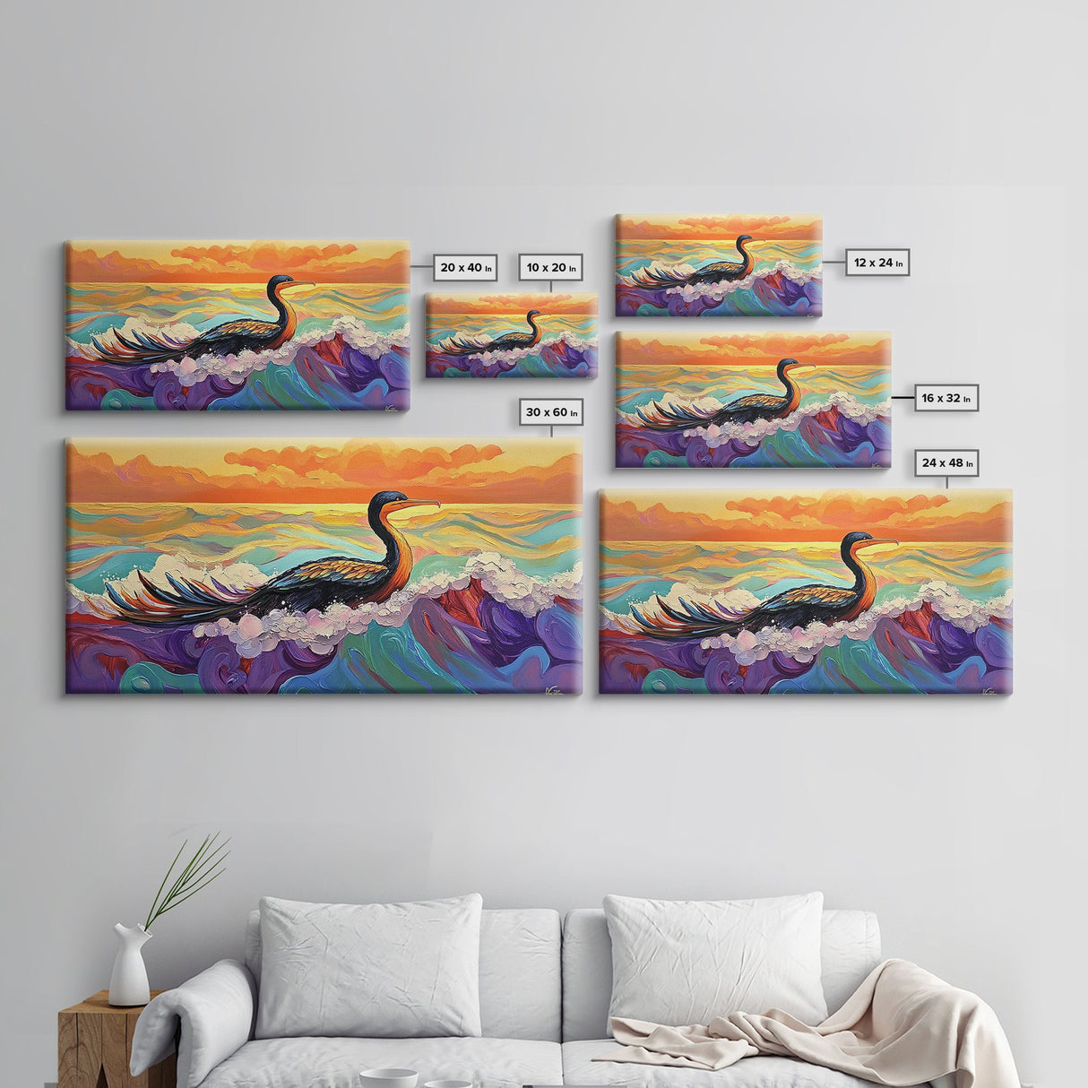 Ocean Bird, Sunset, Framed Canvas Print, Vibrant seabird in waves sunset seascape painting, Colorful Coastal Decor, Bathroom Wall Art