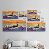 Ocean Bird, Sunset, Framed Canvas Print, Vibrant seabird in waves sunset seascape painting, Colorful Coastal Decor, Bathroom Wall Art