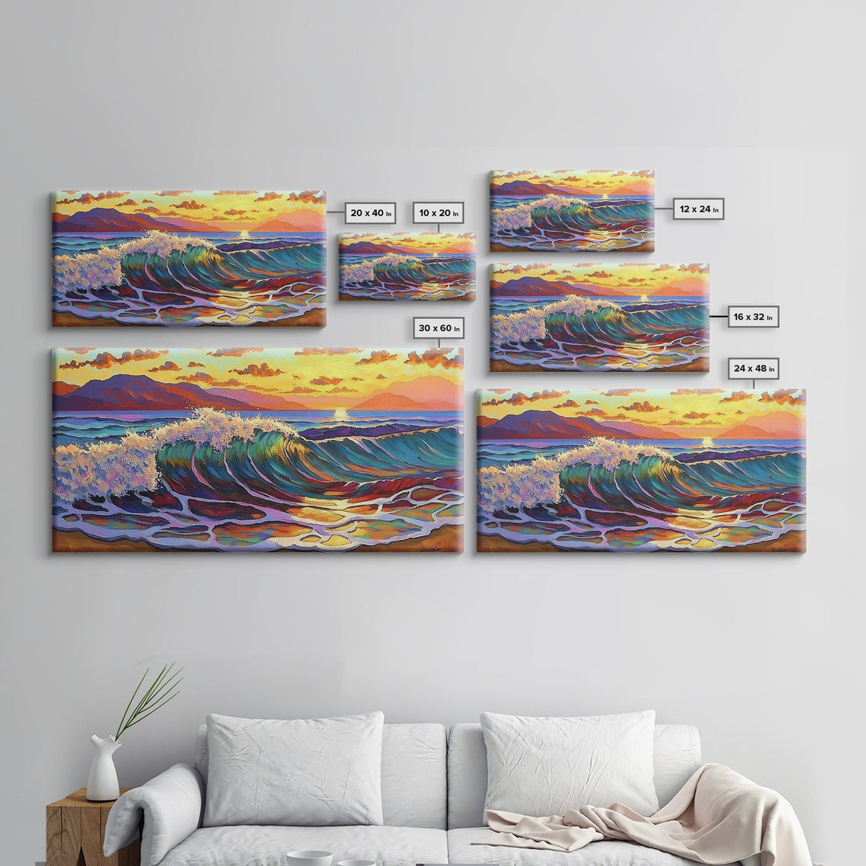 Waves Surf, Sunset, Framed Canvas Print, Colorful crashing wave with glowing sunset sky, Coastal Surfer Decor, Beach House Wall Art