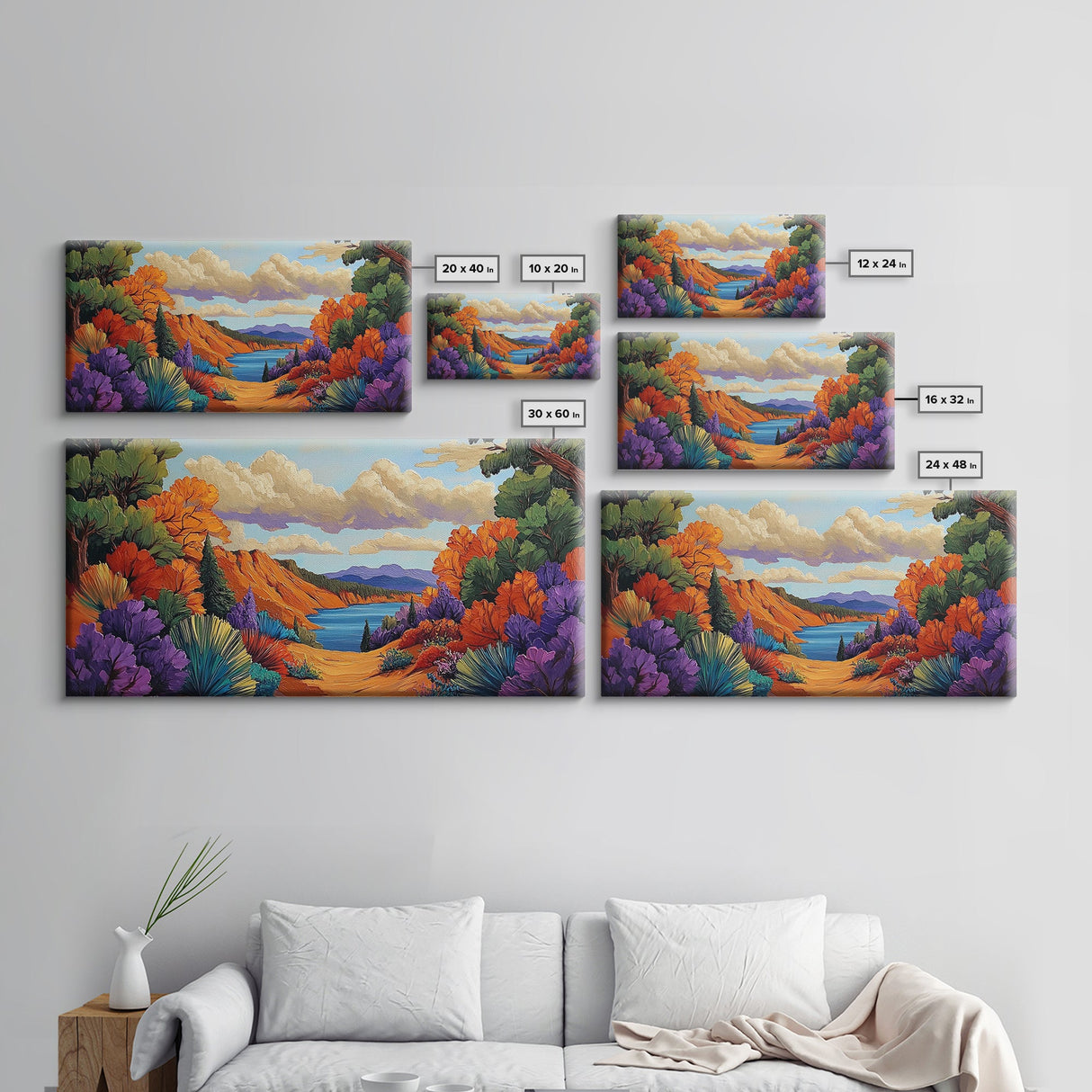 Autumn Lake, Path, Framed Canvas Print, Vibrant Fall forest trail leading to lake painting, Cozy Cabin Decor, Autumn Entryway Art