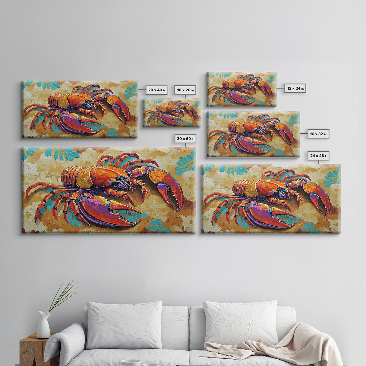 Lobster Coastal, Bold, Framed Canvas Print, Vibrant abstract lobster on sandy background, Nautical Kitchen Decor, Bold Coastal Wall Art