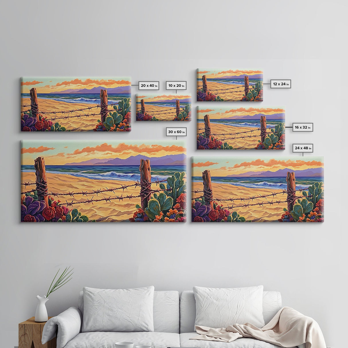 Beach Cactus, Fence, Framed Canvas Print, Vibrant Desert Beach Landscape, Colorful Boho Western Decor, Southwestern Living Room Art