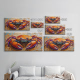 Crab Colorful, Beach, Framed Canvas Print, Brightly painted crab on sand, Ocean Kitchen Decor, Playful Beach Art, Coastal Wall Art