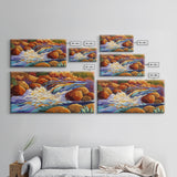 Autumn River, Rocks, Splash, Framed Canvas Print, colorful waterfall painting, nature wall art, rustic cabin decor, landscape art