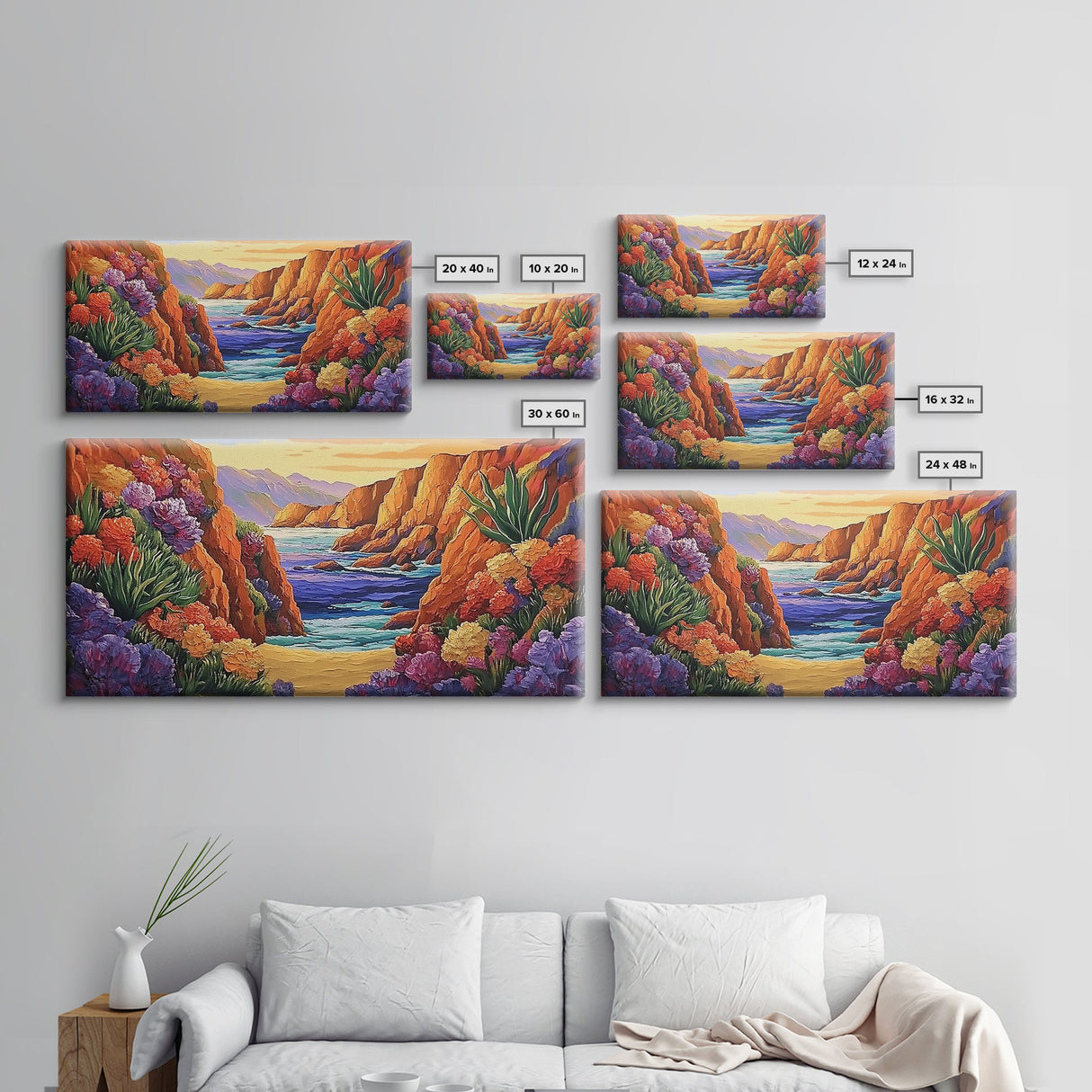 Desert Coast, Flowers, Path, Canvas Print, vibrant canyon seascape, southwest home decor, hallway wall art, colorful desert painting