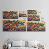 Tree Mountains, Sunset, Windswept, Canvas Print, expressive twisted pine painting, rustic boho decor, nature art, fall wall piece