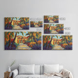 Villa Garden, Palms, Path, Framed Canvas Print, tropical courtyard scene, Mediterranean decor, living room wall art, villa painting