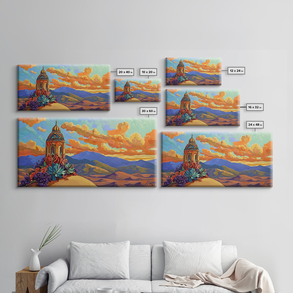 Tower Mountains, Sky, Clouds, Canvas Print, whimsical turret landscape, pastel sky art, colorful fantasy decor, study wall art