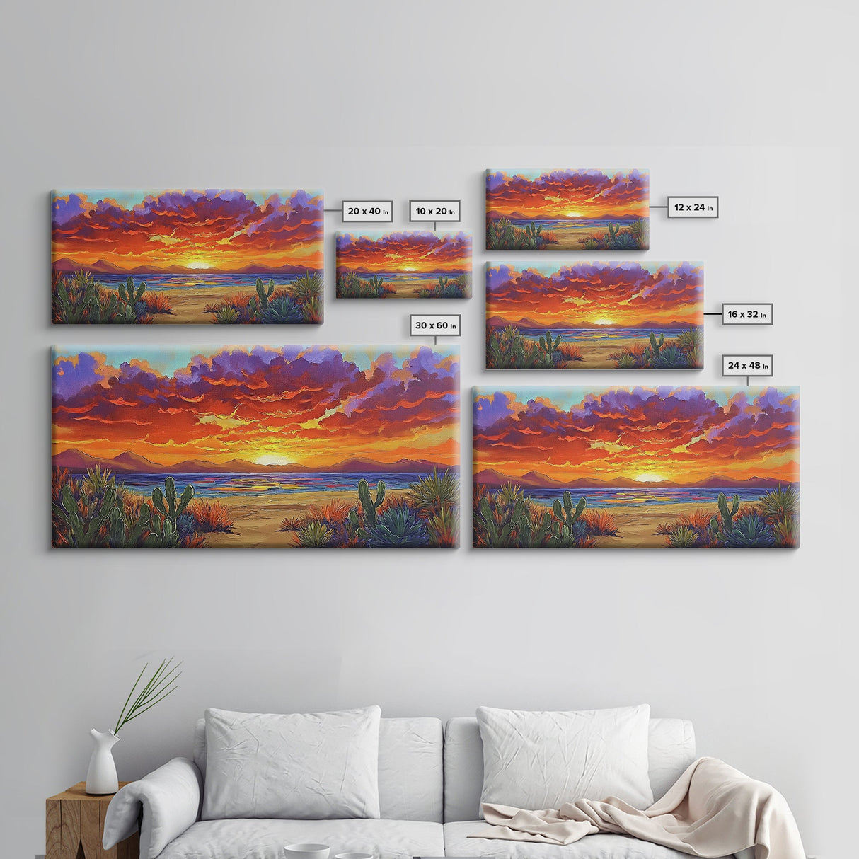 Sunset Beach, Desert, Cactus, Framed Canvas Print, vivid sunset desert beach scene, boho coastal decor, southwestern wall art