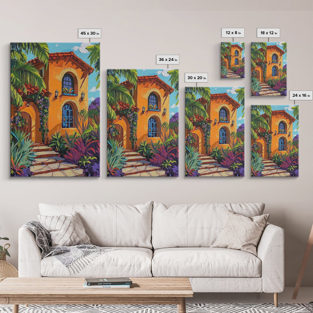 Tropical Villa, Sunset, Vibes, Framed Canvas Print, Mediterranean wall art, boho home decor, warm palette, Kitchen or Living Room