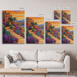 Sunset Mexico, Colorful, Travel, Framed Canvas Print vibrant coastal villa painting, colorful sunset art, Mediterranean boho travel vibes