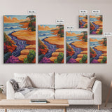 Beach Cliff, Waterfall, Sunset, Canvas Print bold beachside cliff art, ocean waterfall wall decor, coastal boho painting, living room print