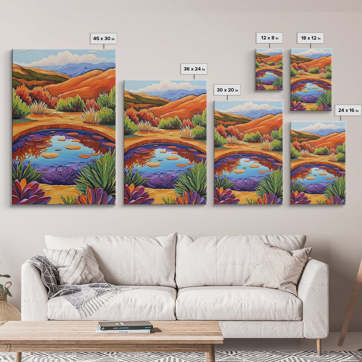 Pond Reflection, Nature, Desert, Framed Canvas Print tranquil desert pond painting, colorful reflection landscape art,  entryway wall decor