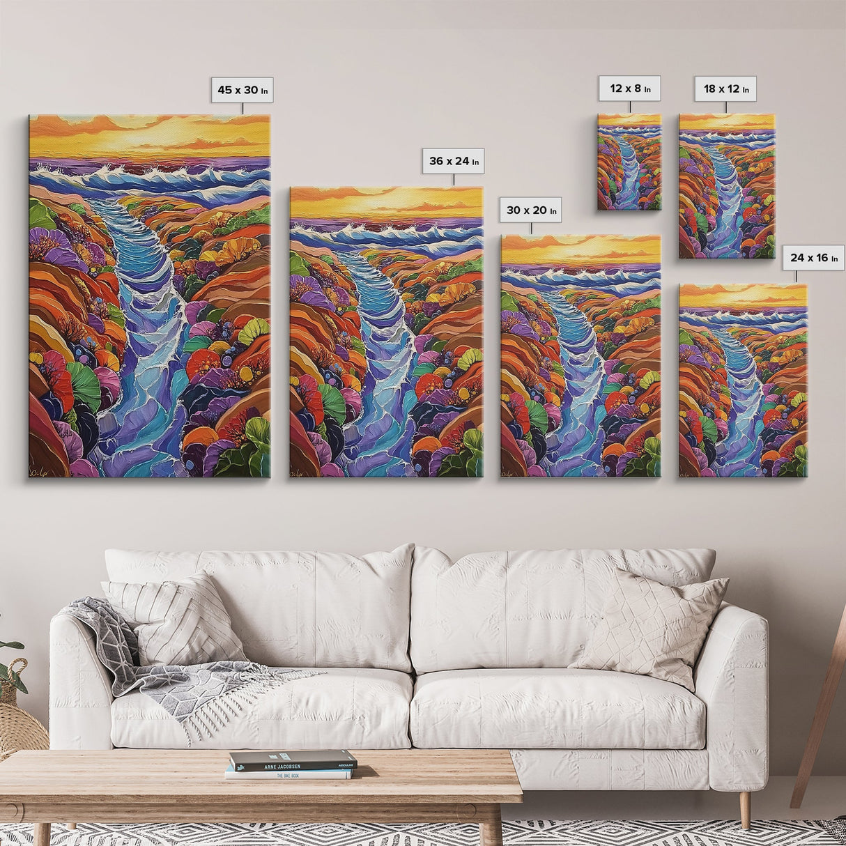 Ocean Tidepool, Rainbow, Shoreline, Canvas Print vivid shoreline tidepool painting, colorful abstract coastal artwork, ocean bathroom wall art