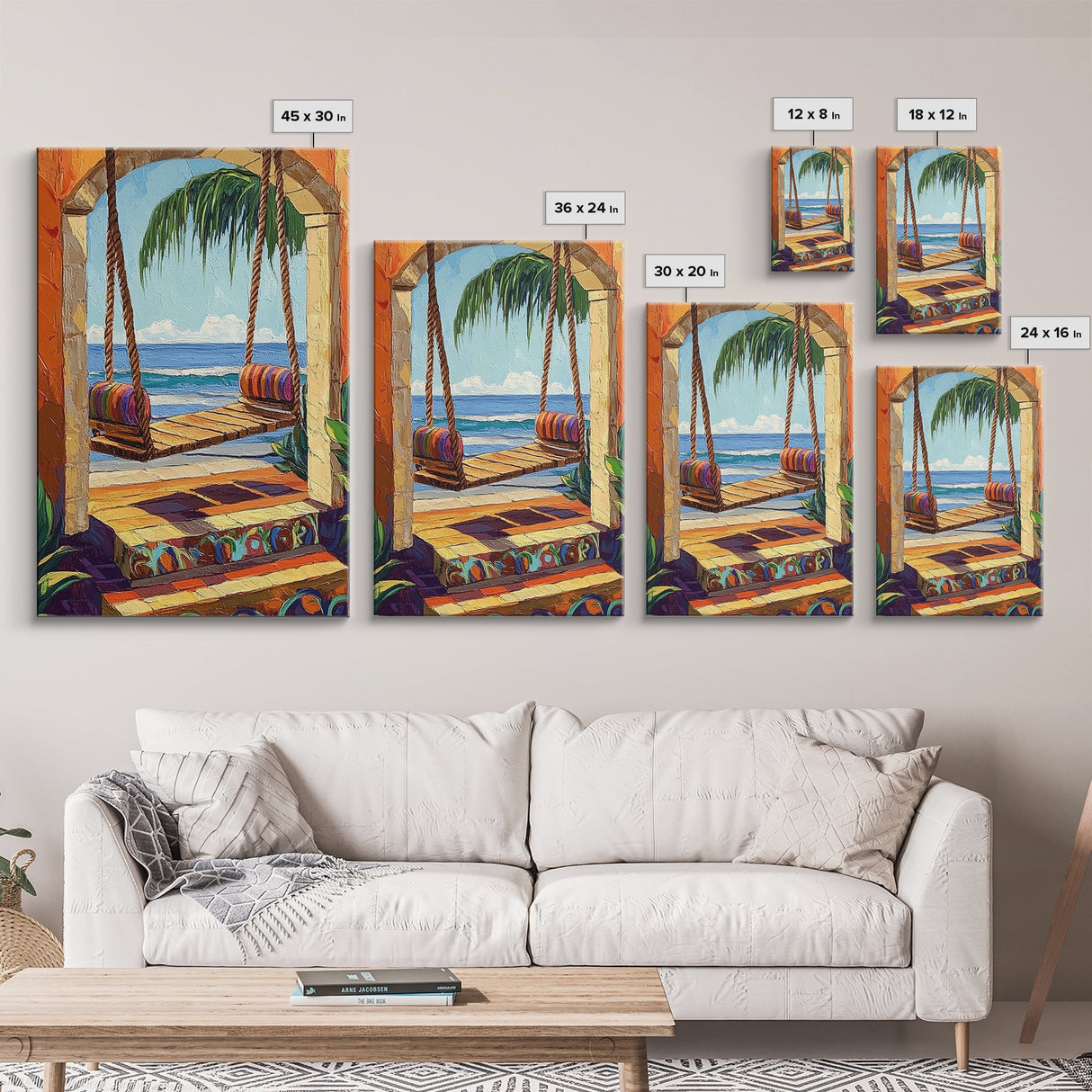 Swing Ocean, Tropical, Archway, Framed Canvas Print, Beach retreat wall art, vibrant tropical decor, Bedroom or Bathroom Wall Art